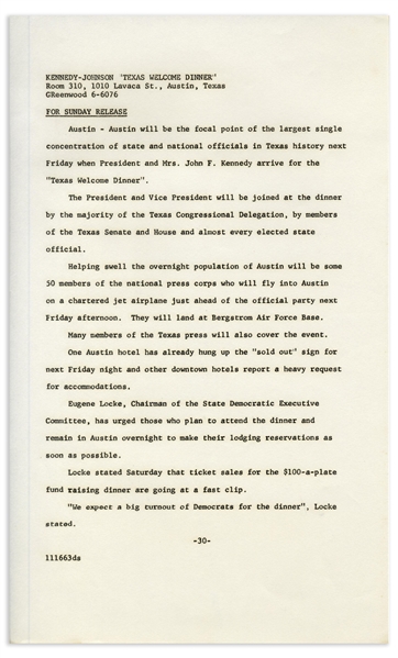 Press Kit From the John F. Kennedy ''Texas Welcome Dinner'' the Night of His Assassination